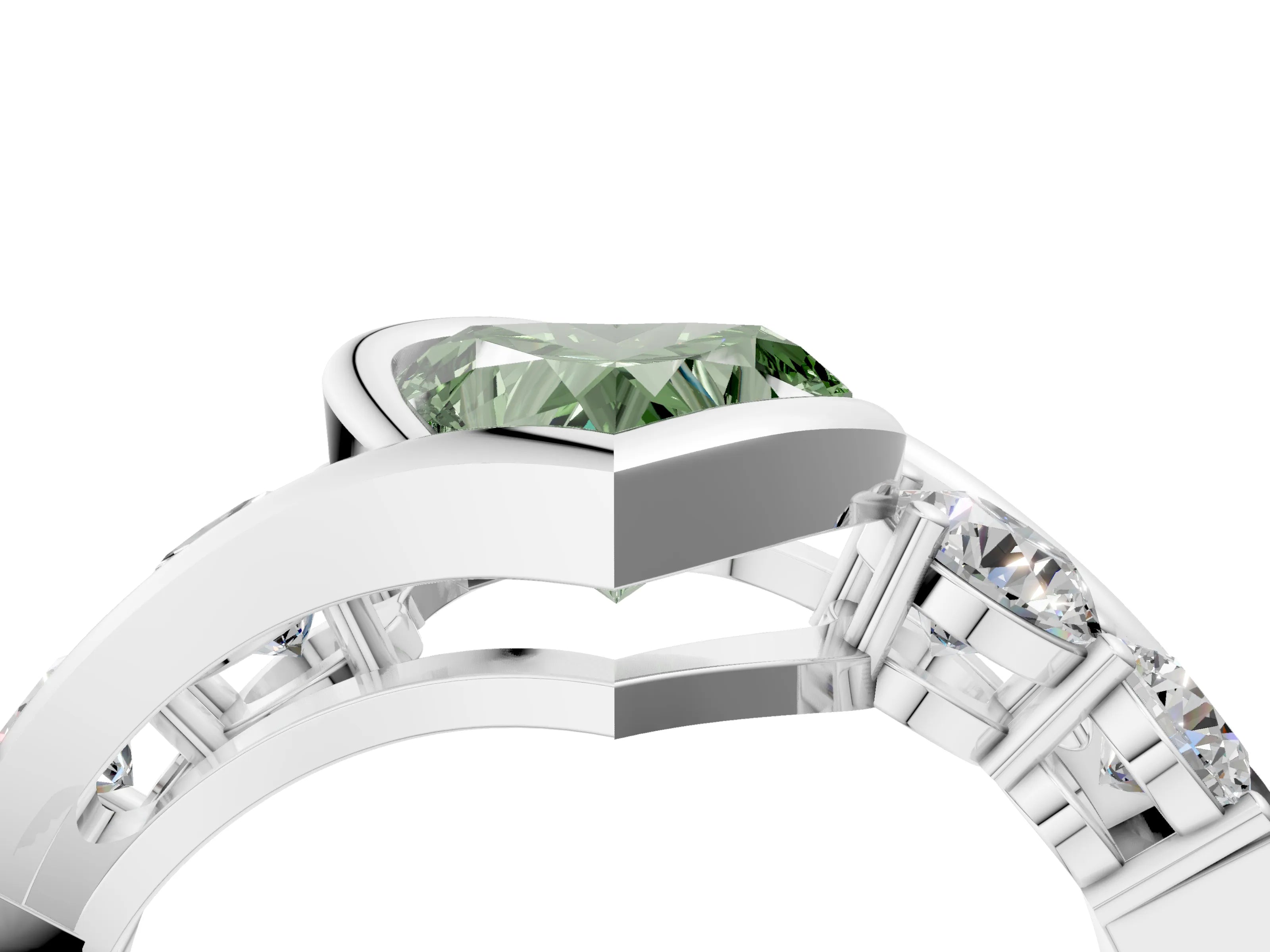 White gold Bezel Set Fancy Green Heart Cut Diamond Split Shank Ring_4