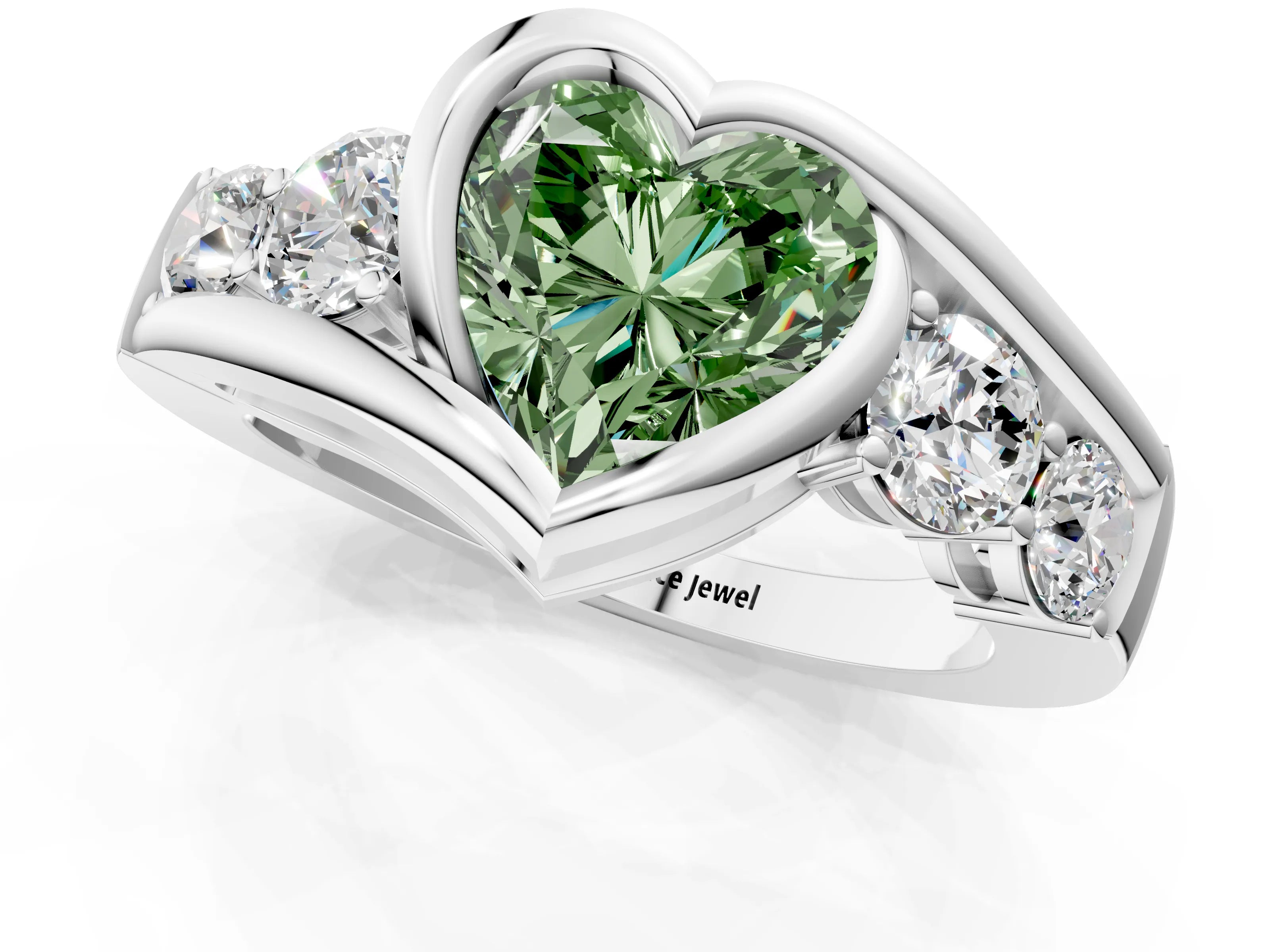 White gold Bezel Set Fancy Green Heart Cut Diamond Split Shank Ring_49