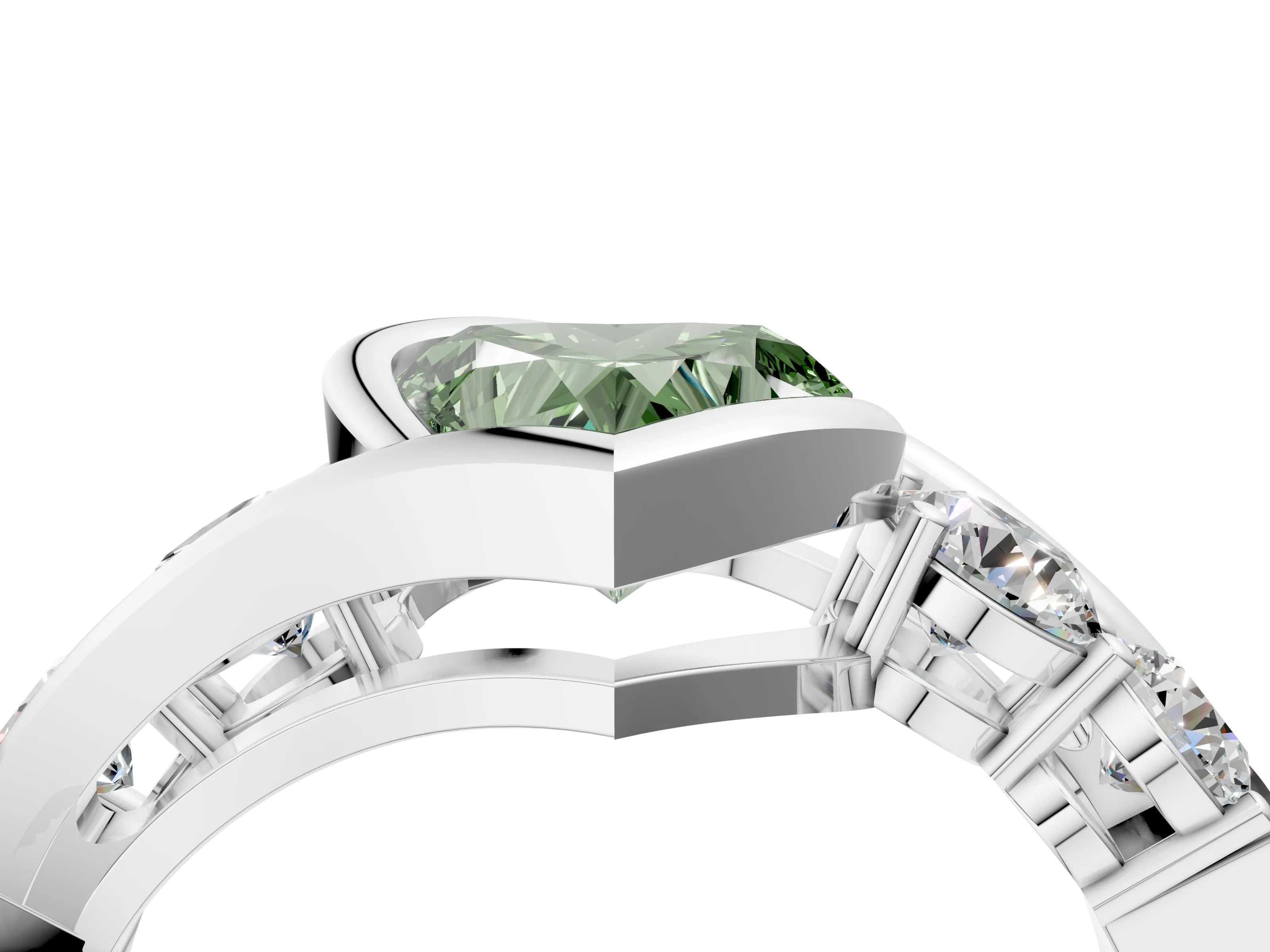 White gold Bezel Set Fancy Green Heart Cut Diamond Split Shank Ring_52