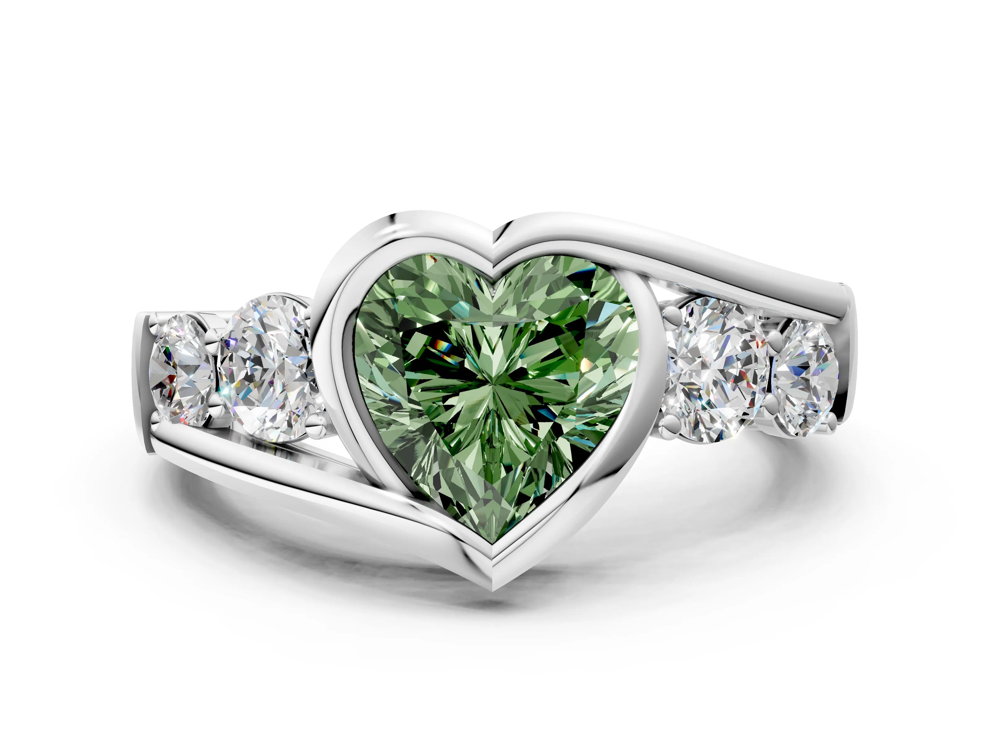 White gold Bezel Set Fancy Green Heart Cut Diamond Split Shank Ring
