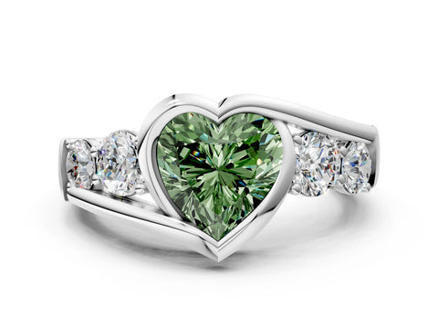 White gold Bezel Set Fancy Green Heart Cut Diamond Split Shank Ring