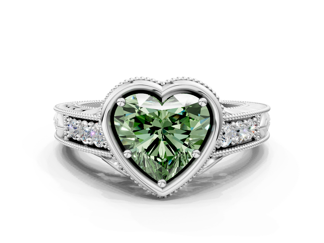 White gold Bezel Set Fancy Green Heart  Diamond Milgrain Pave Engagement Ring