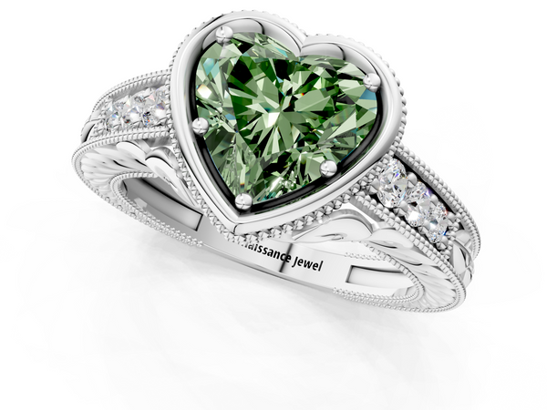 Platinum Bezel Set Fancy Green Heart  Diamond Milgrain Pave Engagement Ring