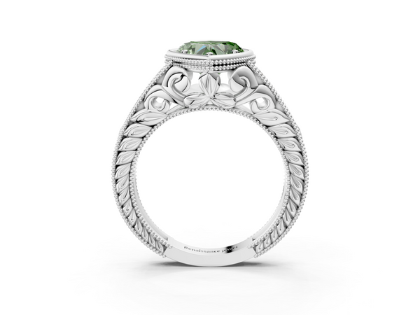 Platinum Bezel Set Fancy Green Heart  Diamond Milgrain Pave Engagement Ring