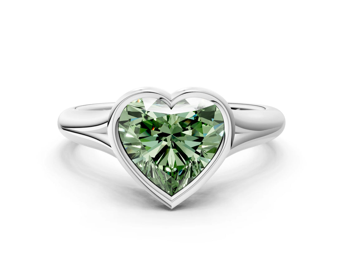 White gold Bezel Set Fancy Green Heart  Solitaire Diamond Ring with Smooth Band 1