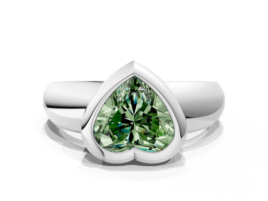 White gold Bezel Set Fancy Green Heart  Solitaire Ring with Wide Band