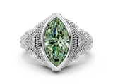 White gold Bezel Set Fancy Green Marquise Cut Diamond Milgrain Band Ring