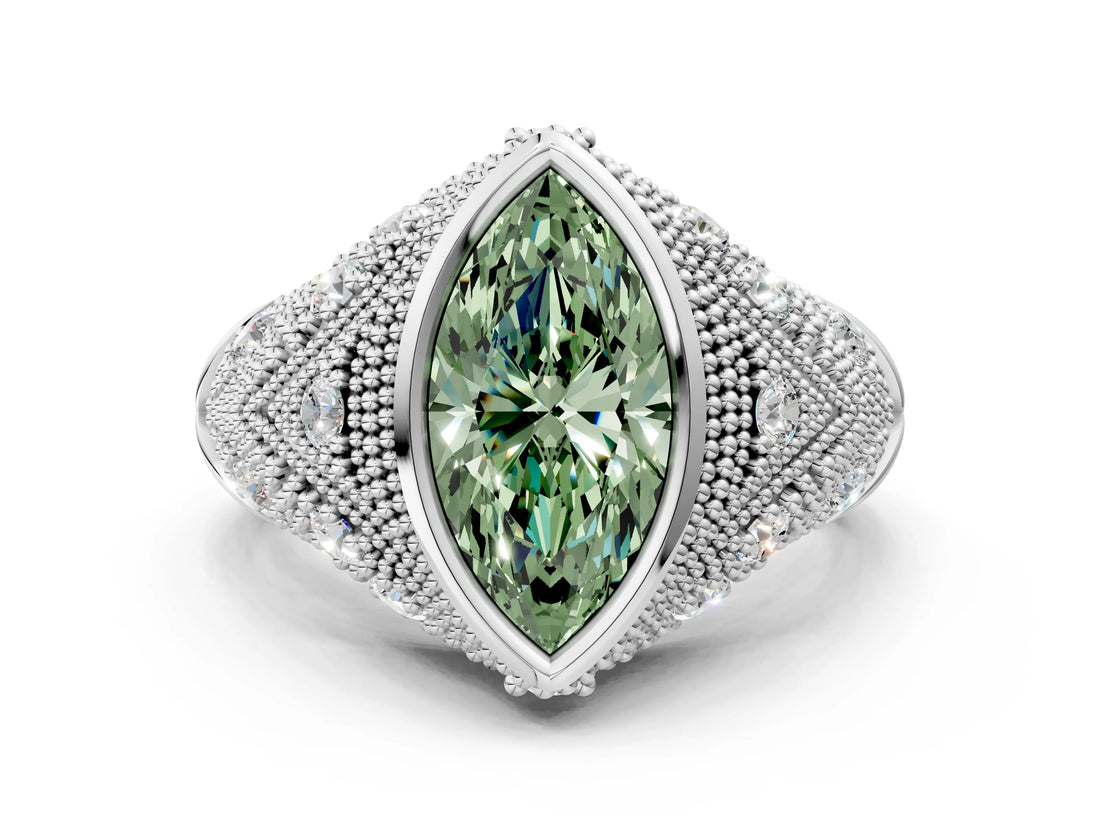 White gold Bezel Set Fancy Green Marquise Cut Diamond Milgrain Band Ring
