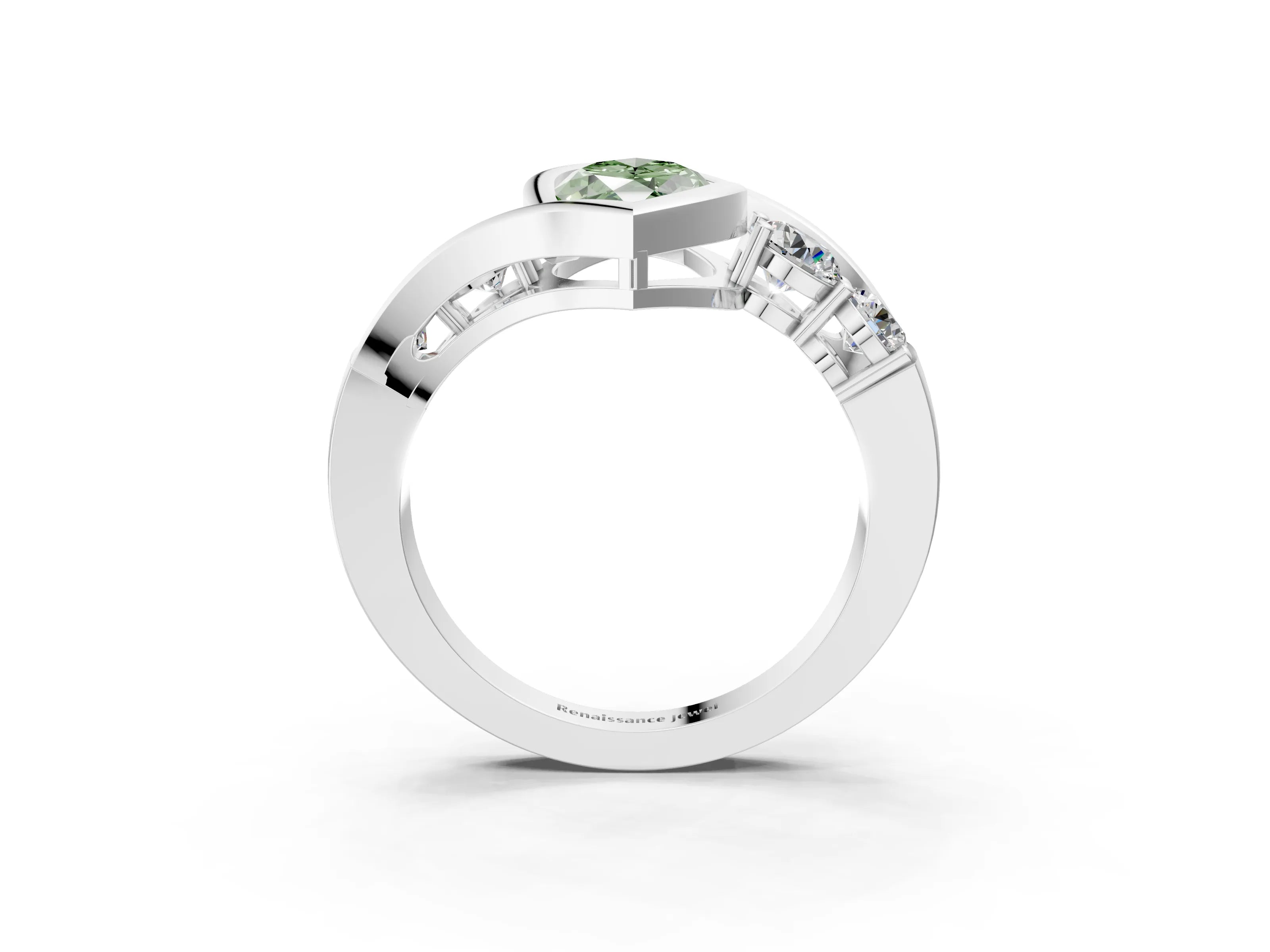 White gold Bezel Set Fancy Green Marquise Cut Diamond Split Shank Ring_15