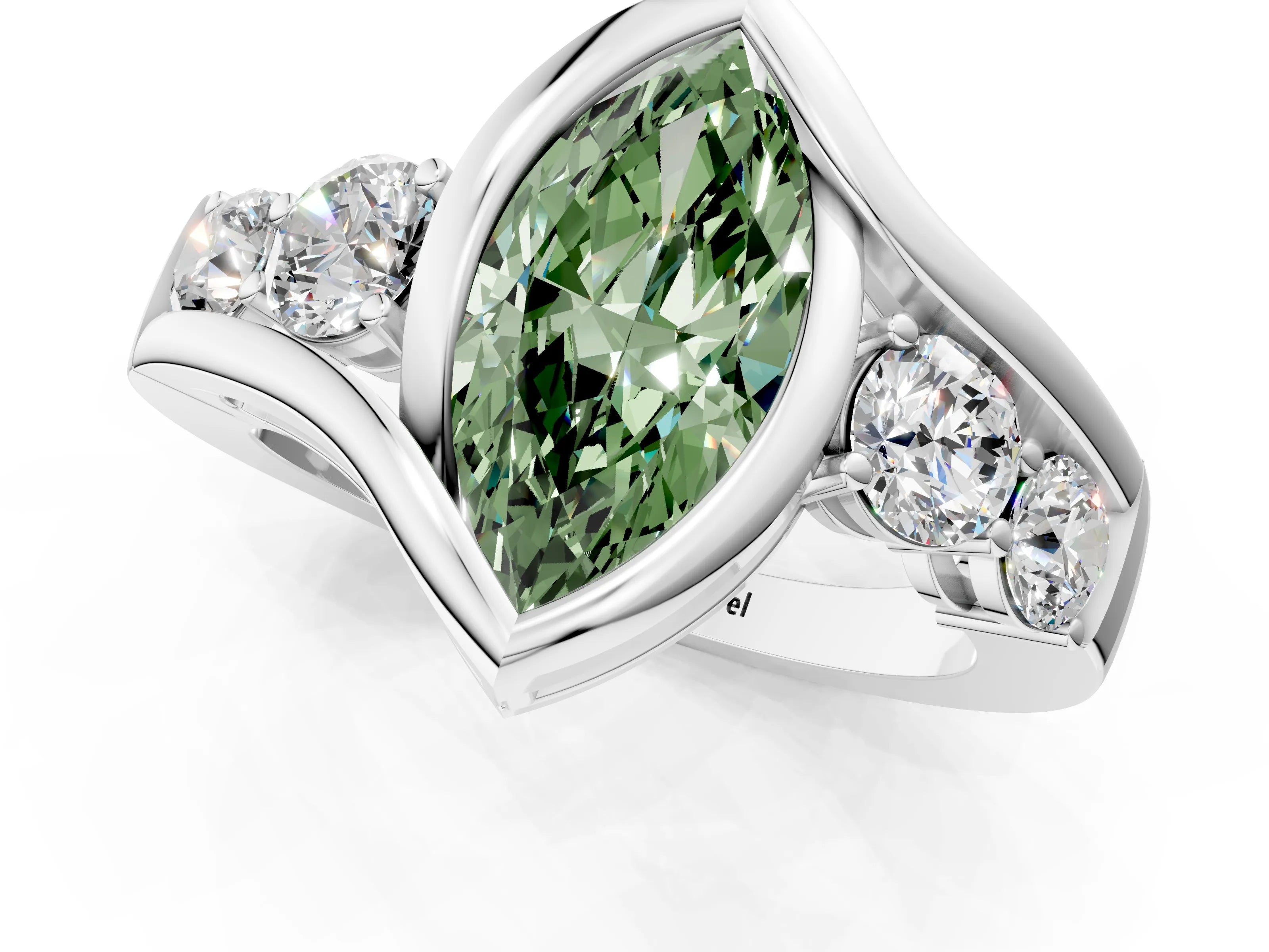 White gold Bezel Set Fancy Green Marquise Cut Diamond Split Shank Ring_1