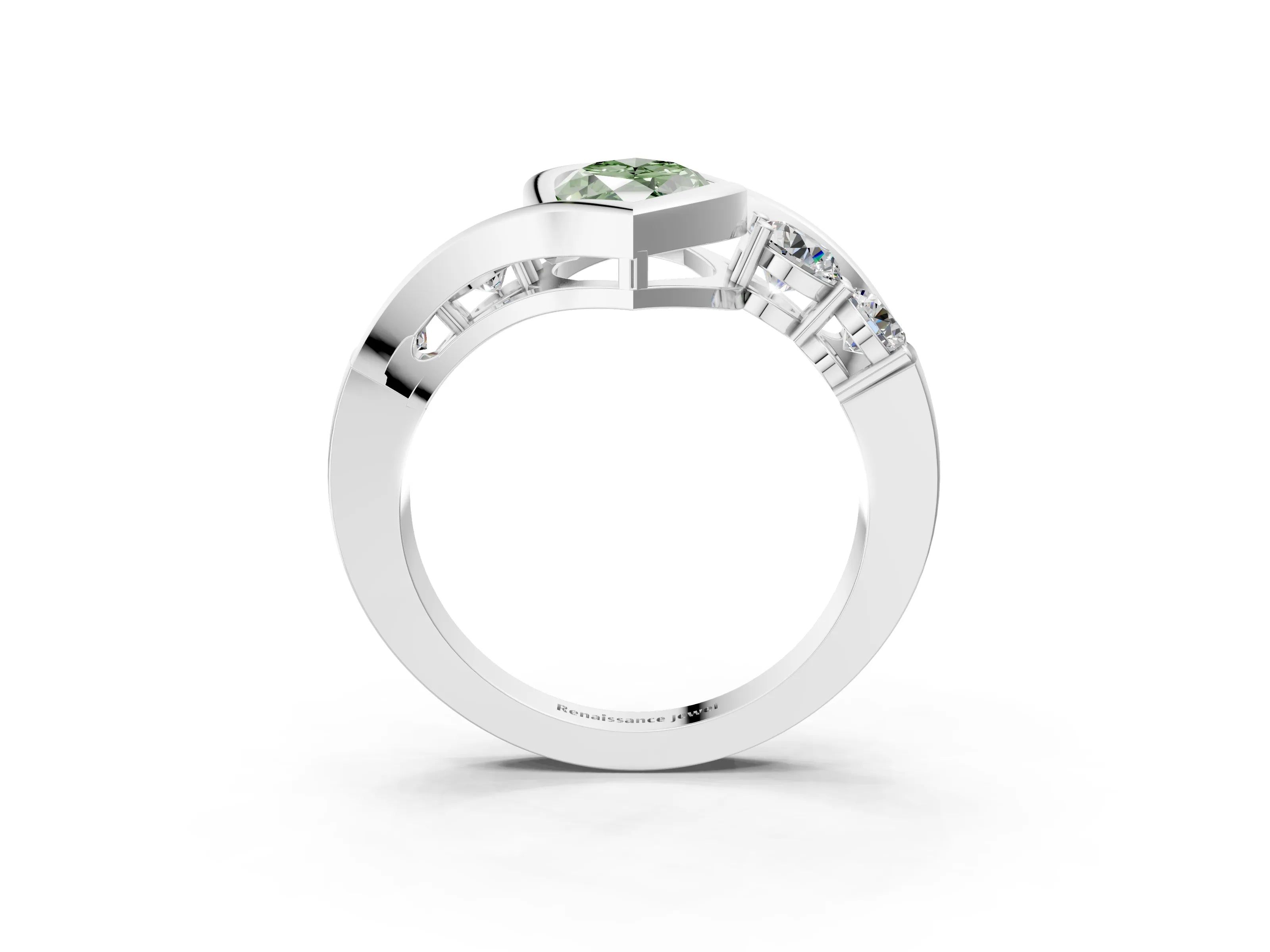 White gold Bezel Set Fancy Green Marquise Cut Diamond Split Shank Ring_3