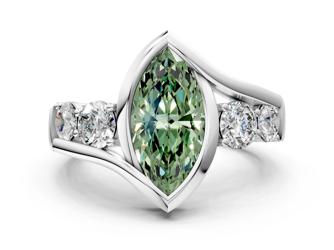 White gold Bezel Set Fancy Green Marquise Cut Diamond Split Shank Ring_36