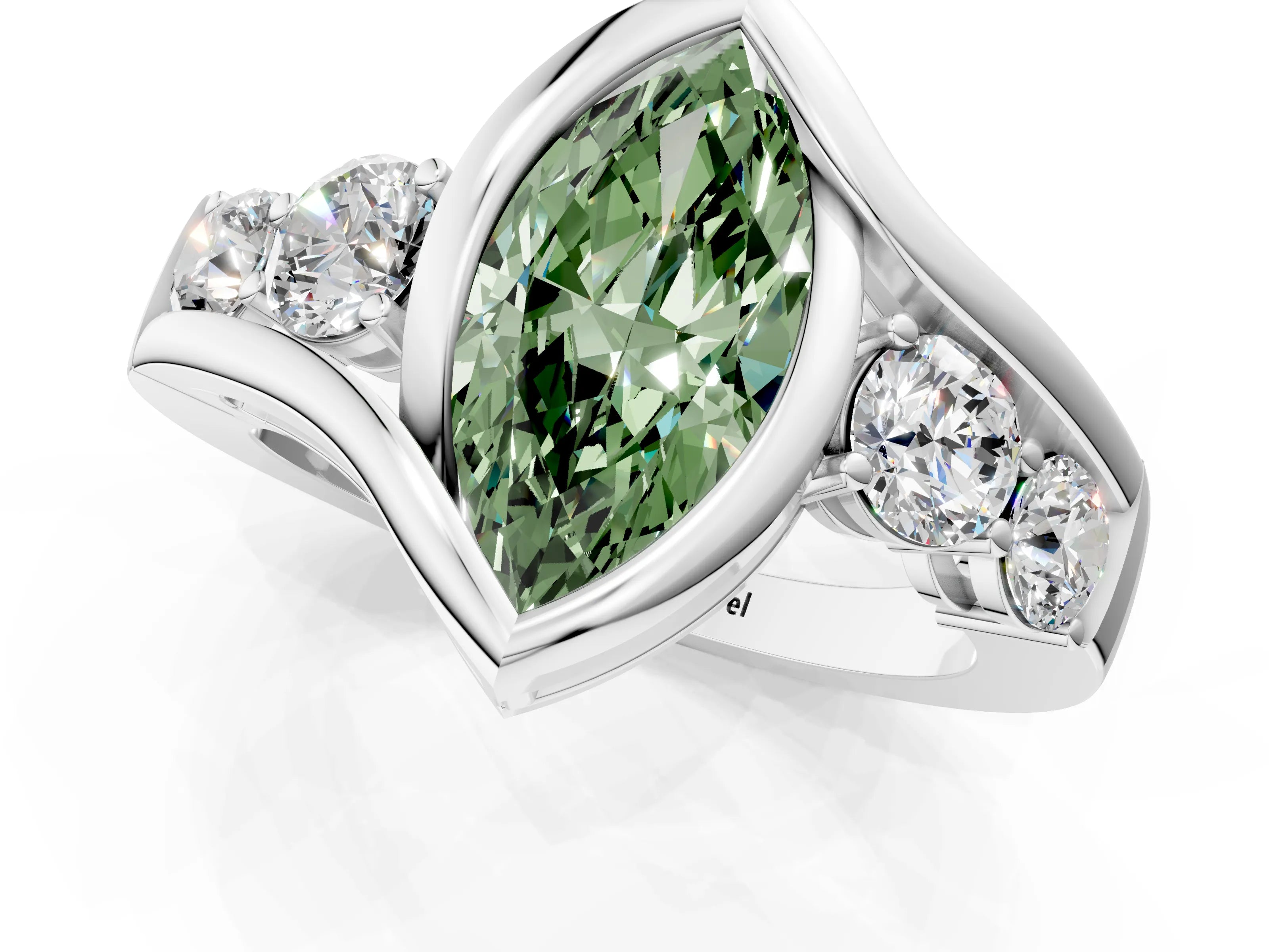 White gold Bezel Set Fancy Green Marquise Cut Diamond Split Shank Ring_49