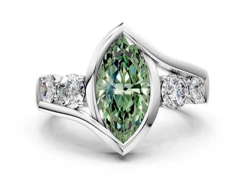 White gold Bezel Set Fancy Green Marquise Cut Diamond Split Shank Ring