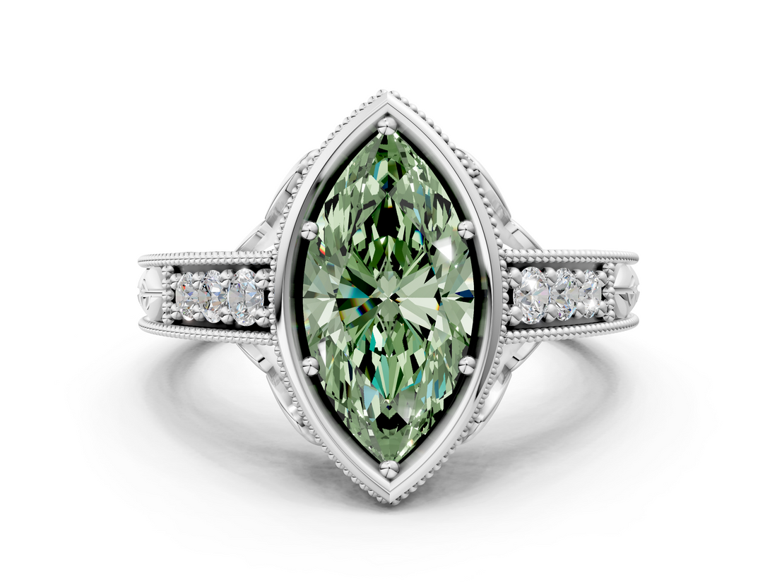 White gold Bezel Set Fancy Green Marquise  Diamond Milgrain Pave Engagement Ring_33