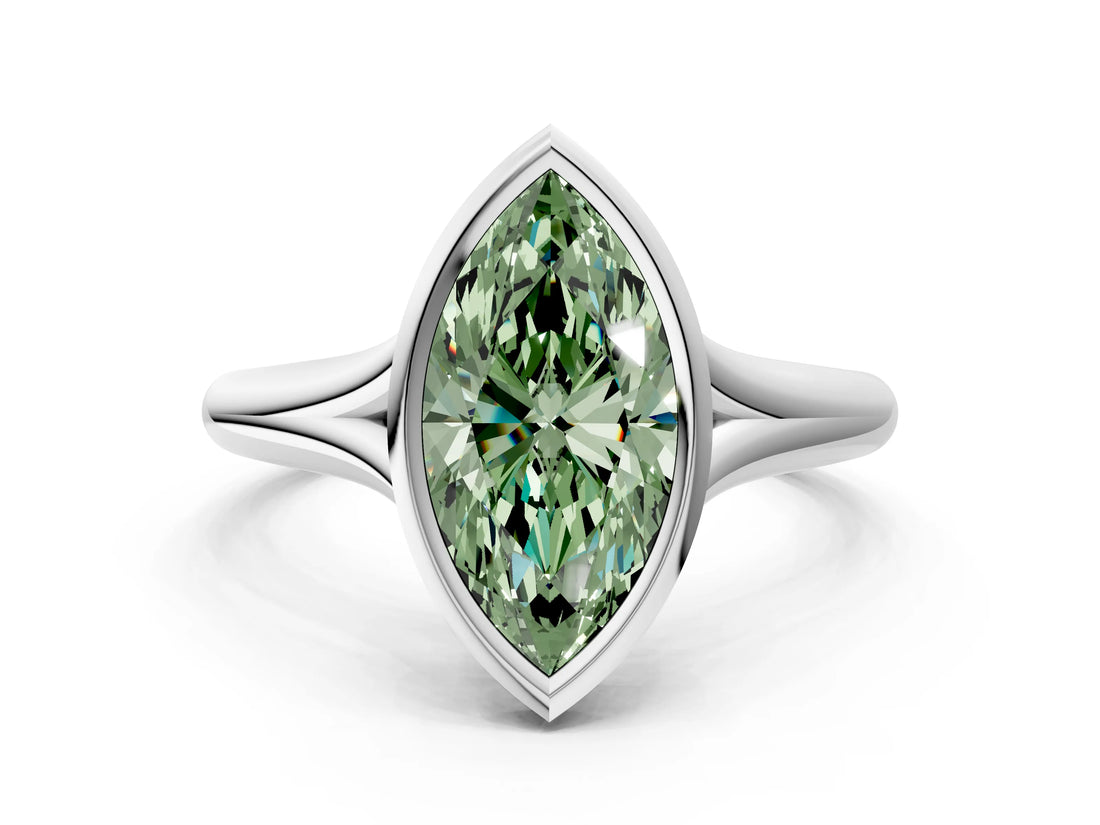White gold Bezel Set Fancy Green Marquise  Solitaire Diamond Ring with Smooth Band 1