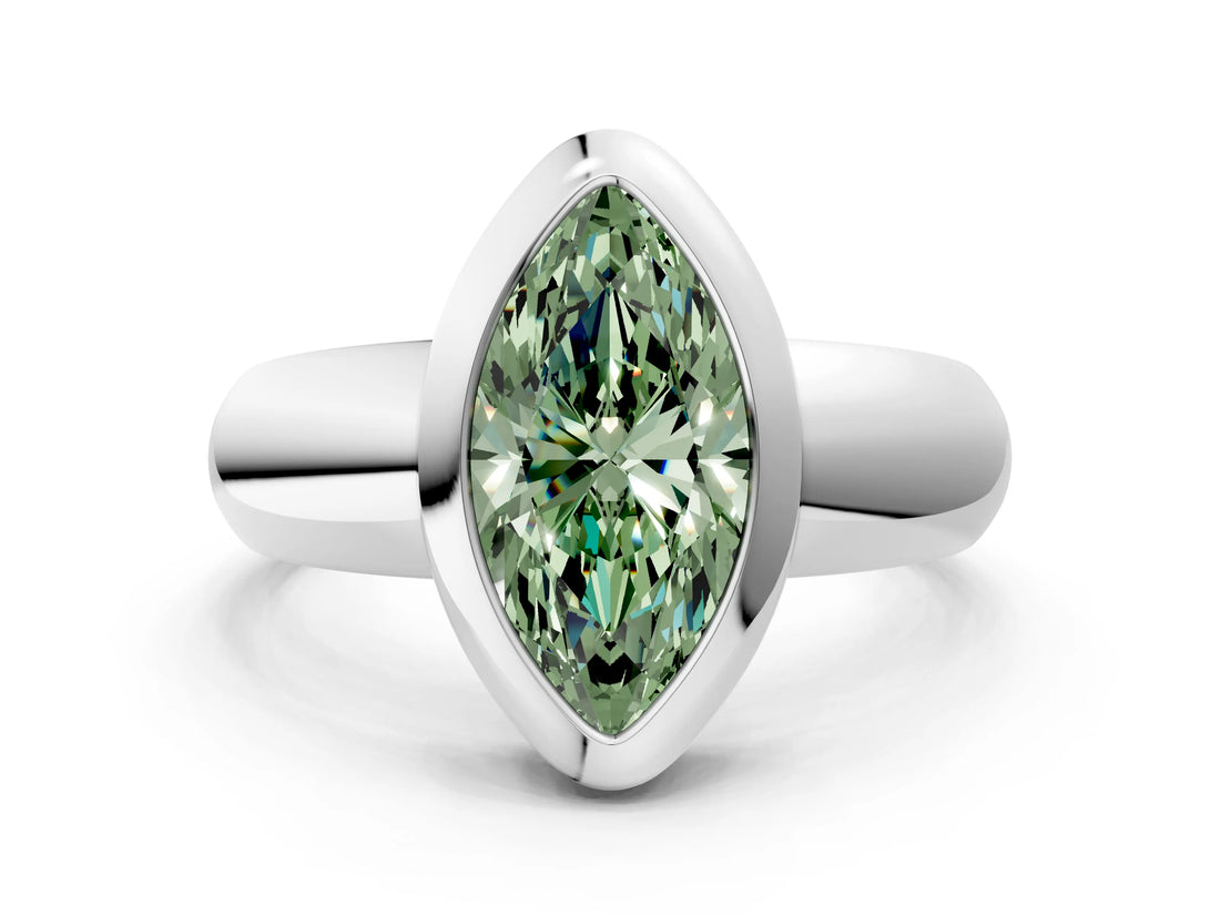 White gold Bezel Set Fancy Green Marquise  Solitaire Ring with Wide Band 1