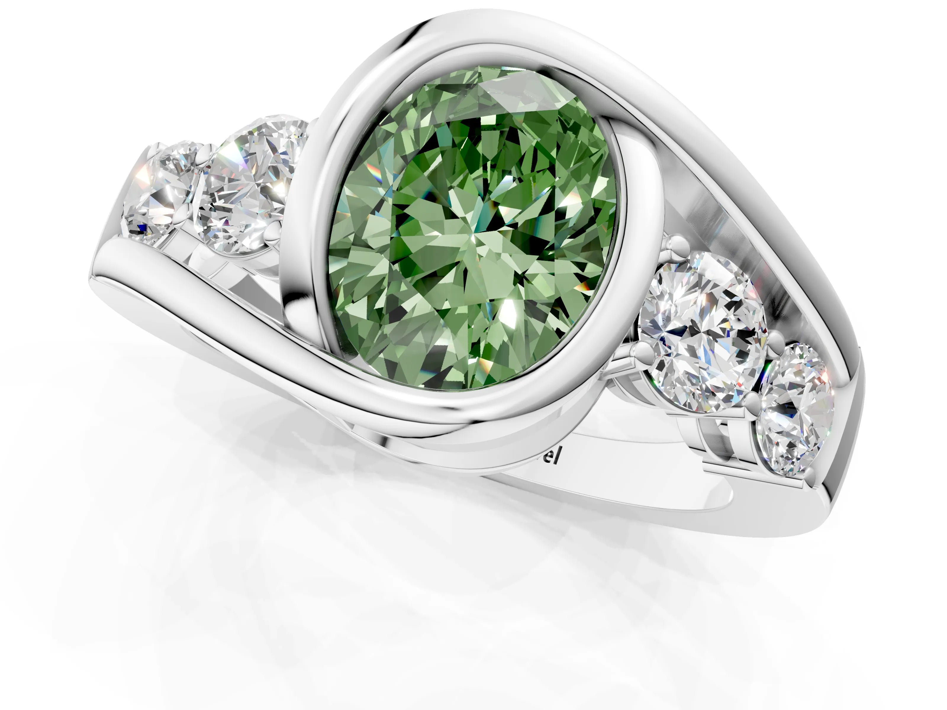 White gold Bezel Set Fancy Green Oval Cut Diamond Split Shank Ring_1