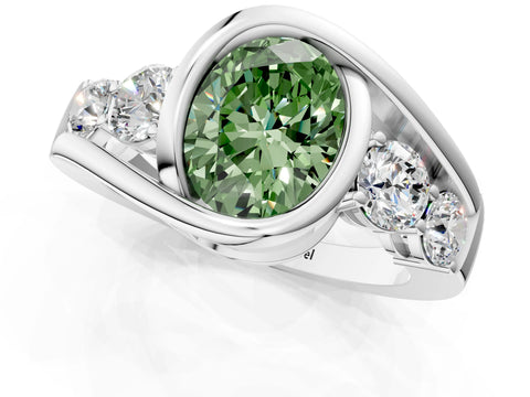 White gold Bezel Set Fancy Green Oval Cut Diamond Split Shank Ring_1