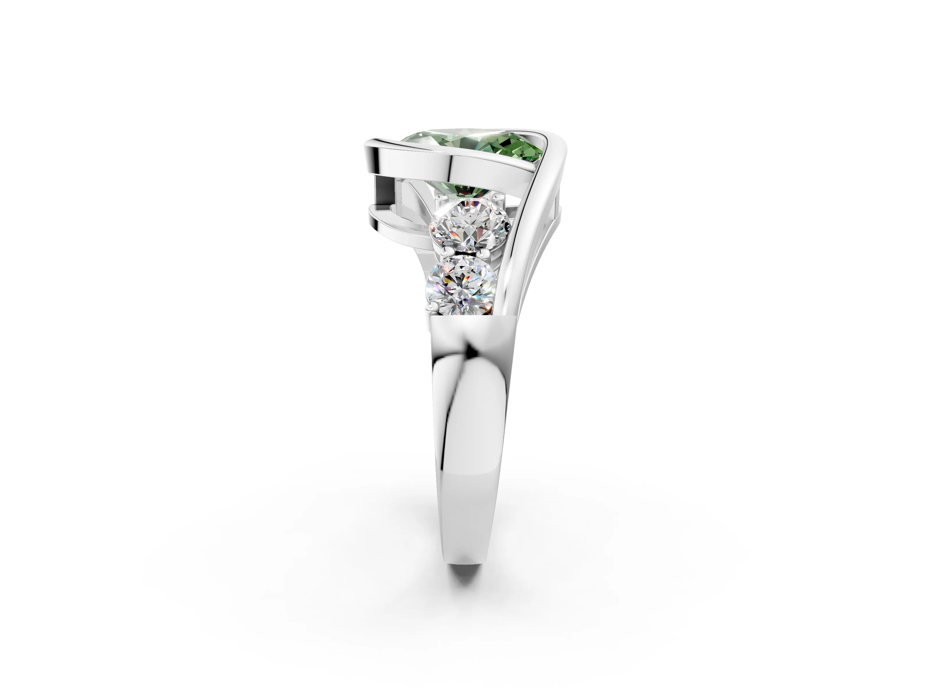 White gold Bezel Set Fancy Green Oval Cut Diamond Split Shank Ring_2