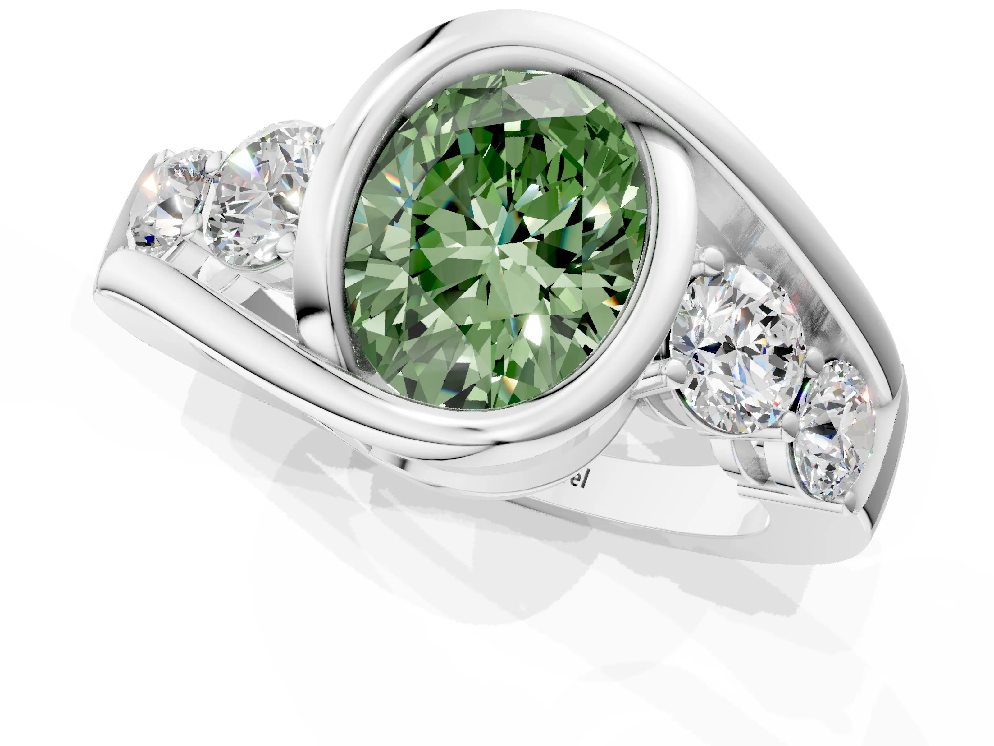 White gold Bezel Set Fancy Green Oval Cut Diamond Split Shank Ring_25