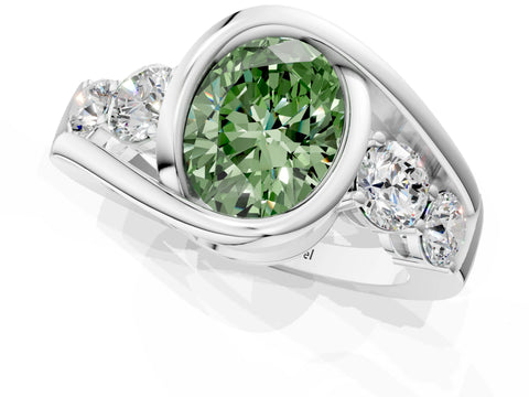 White gold Bezel Set Fancy Green Oval Cut Diamond Split Shank Ring_25