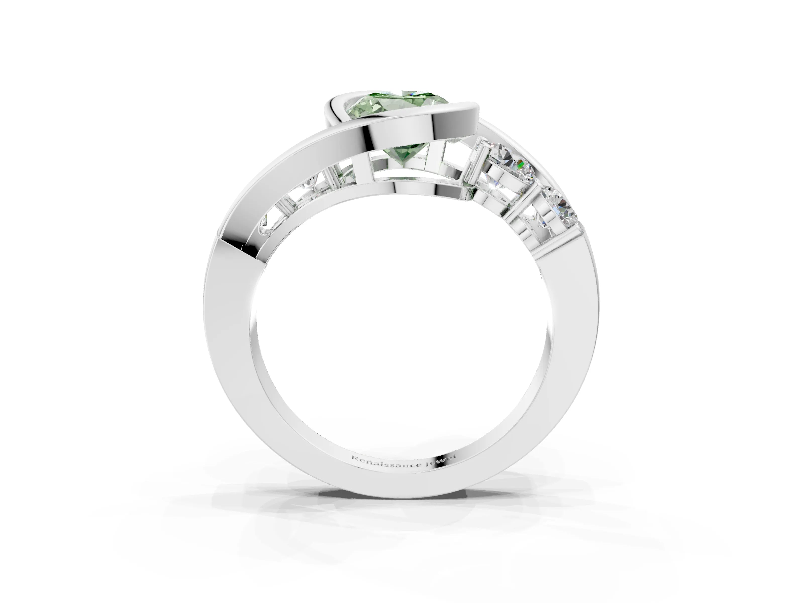 White gold Bezel Set Fancy Green Oval Cut Diamond Split Shank Ring_27