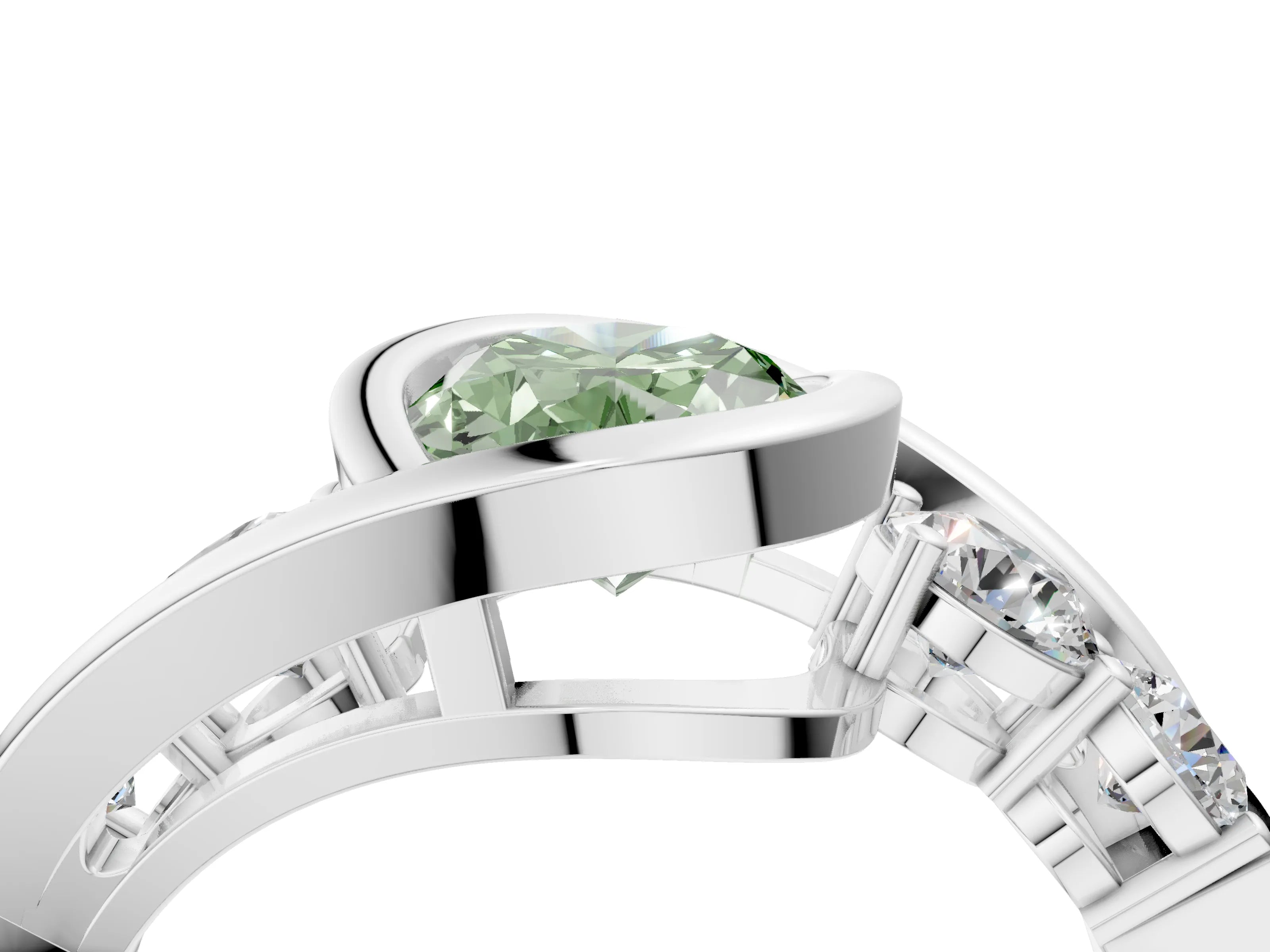 White gold Bezel Set Fancy Green Oval Cut Diamond Split Shank Ring_28