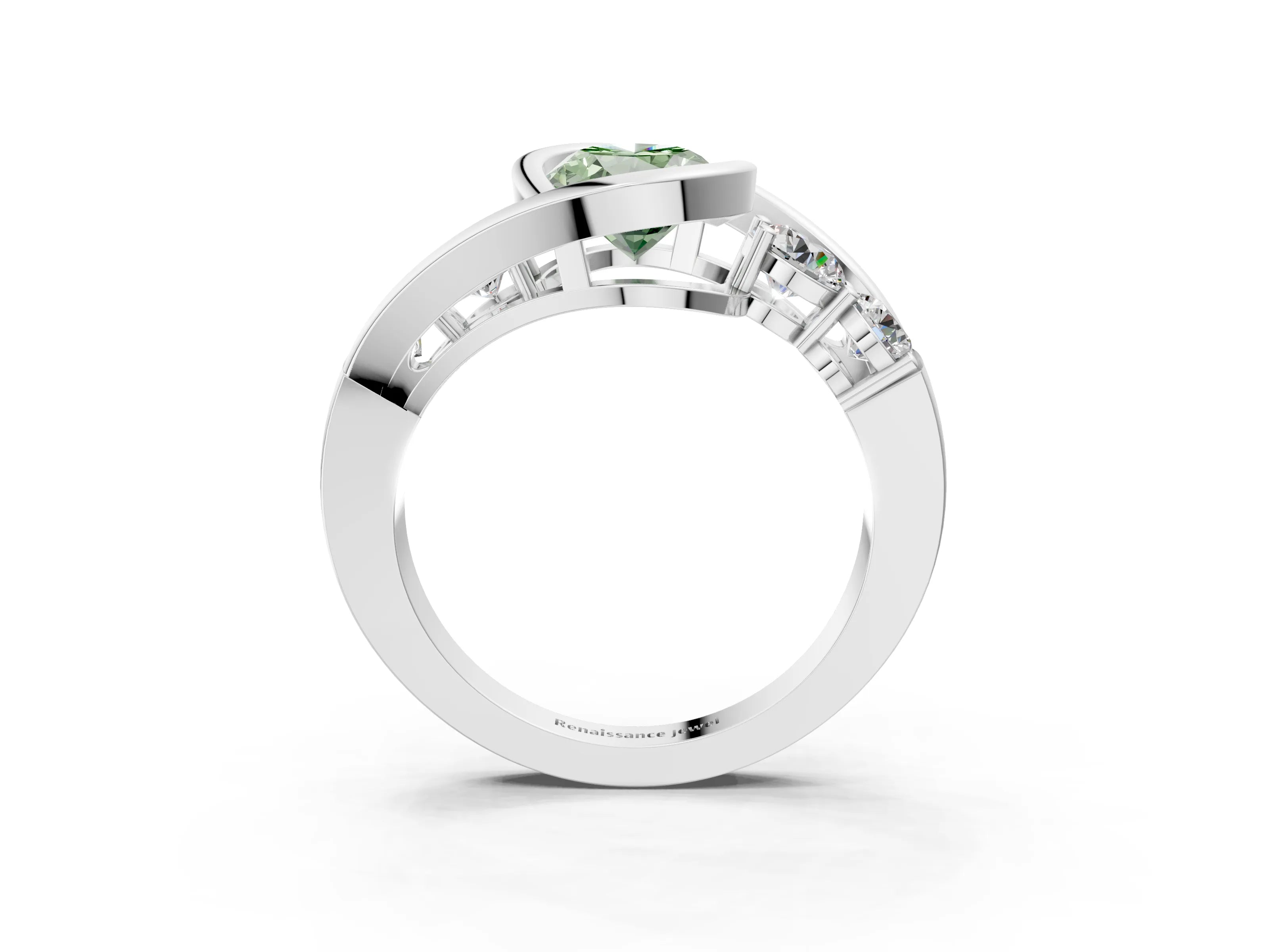 White gold Bezel Set Fancy Green Oval Cut Diamond Split Shank Ring_3