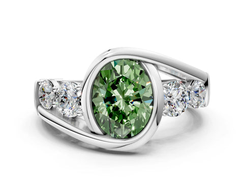White gold Bezel Set Fancy Green Oval Cut Diamond Split Shank Ring