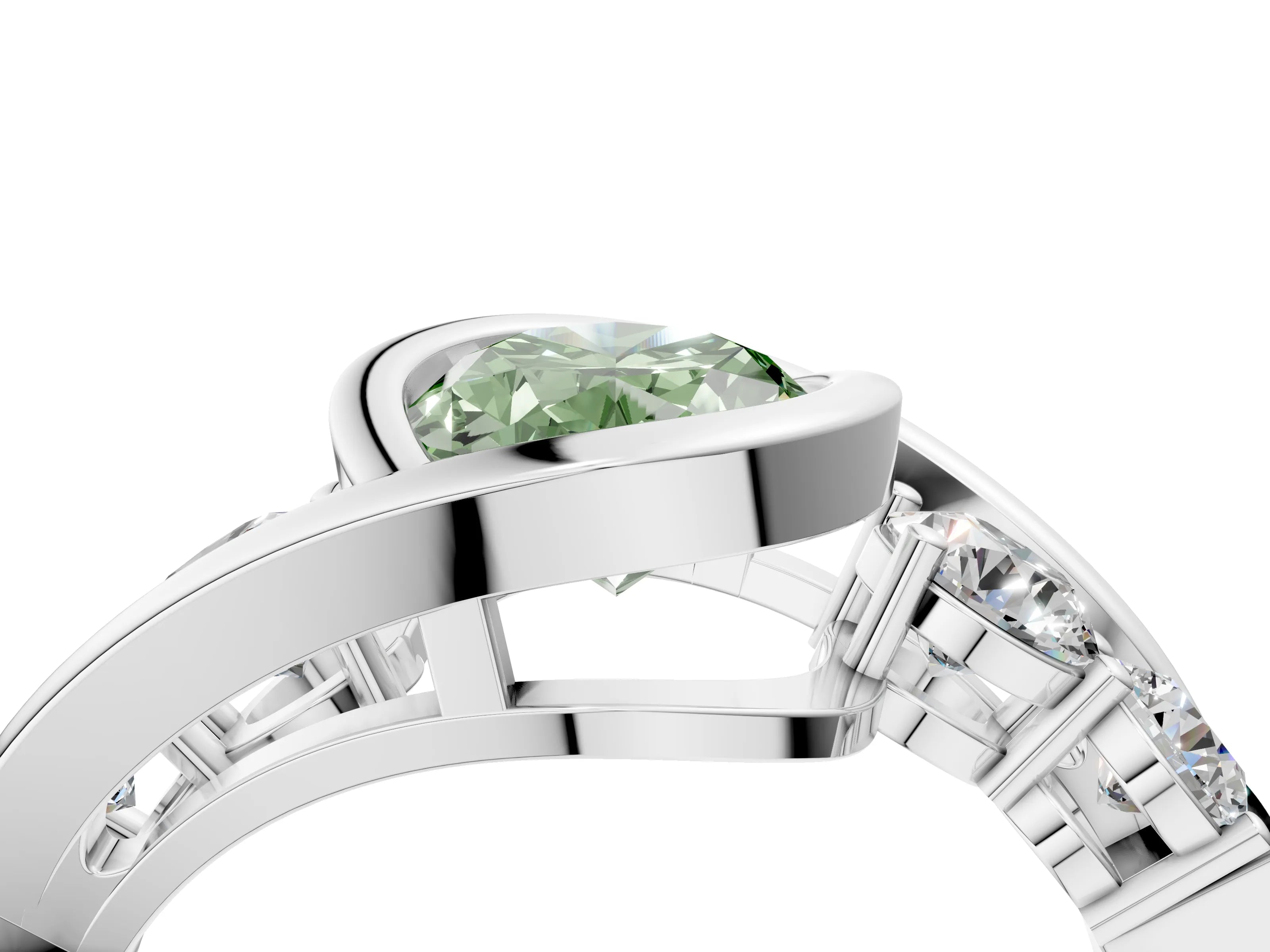 White gold Bezel Set Fancy Green Oval Cut Diamond Split Shank Ring_4