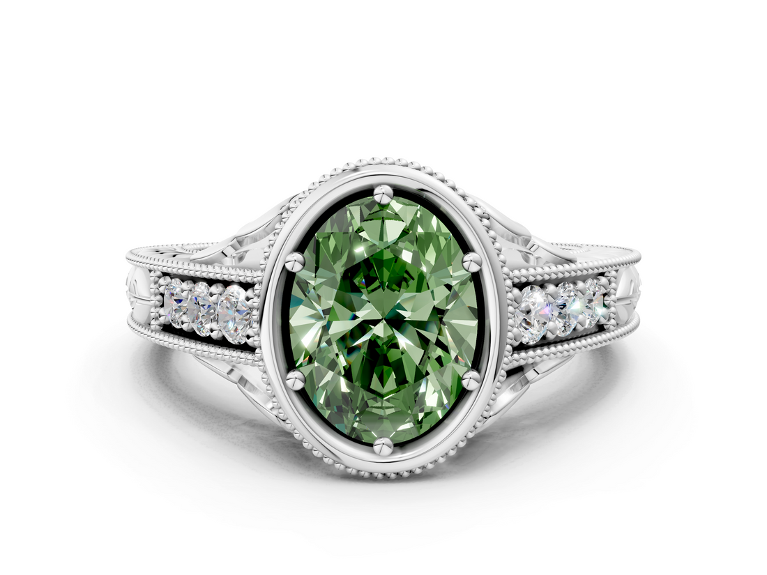 White gold Bezel Set Fancy Green Oval  Diamond Milgrain Pave Engagement Ring_33