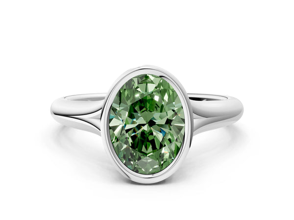 White gold Bezel Set Fancy Green Oval  Solitaire Diamond Ring with Smooth Band