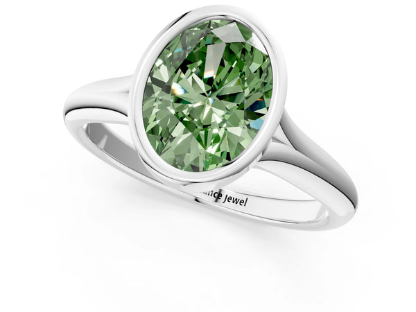 White gold Bezel Set Fancy Green Oval  Solitaire Diamond Ring with Smooth Band