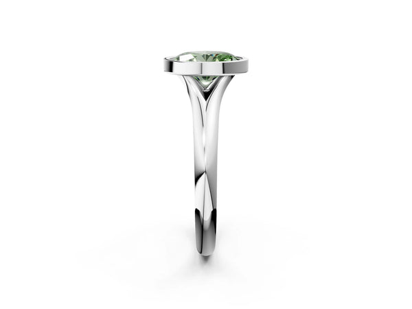 White gold Bezel Set Fancy Green Oval  Solitaire Diamond Ring with Smooth Band