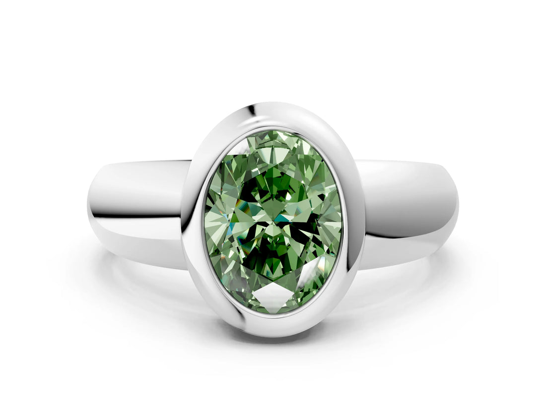White gold Bezel Set Fancy Green Oval  Solitaire Ring with Wide Band 1