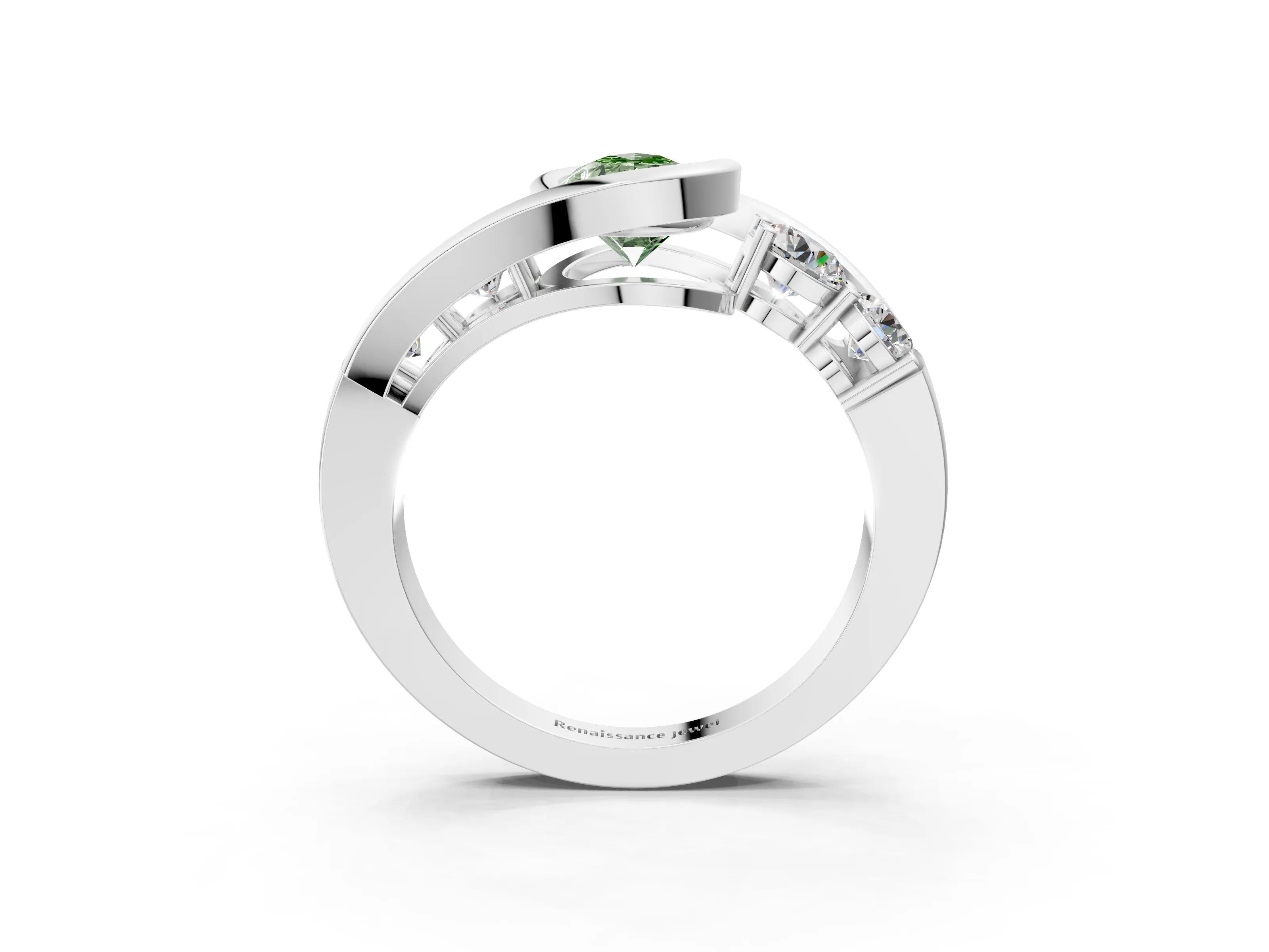 White gold Bezel Set Fancy Green Pear Cut Diamond Split Shank Ring_15