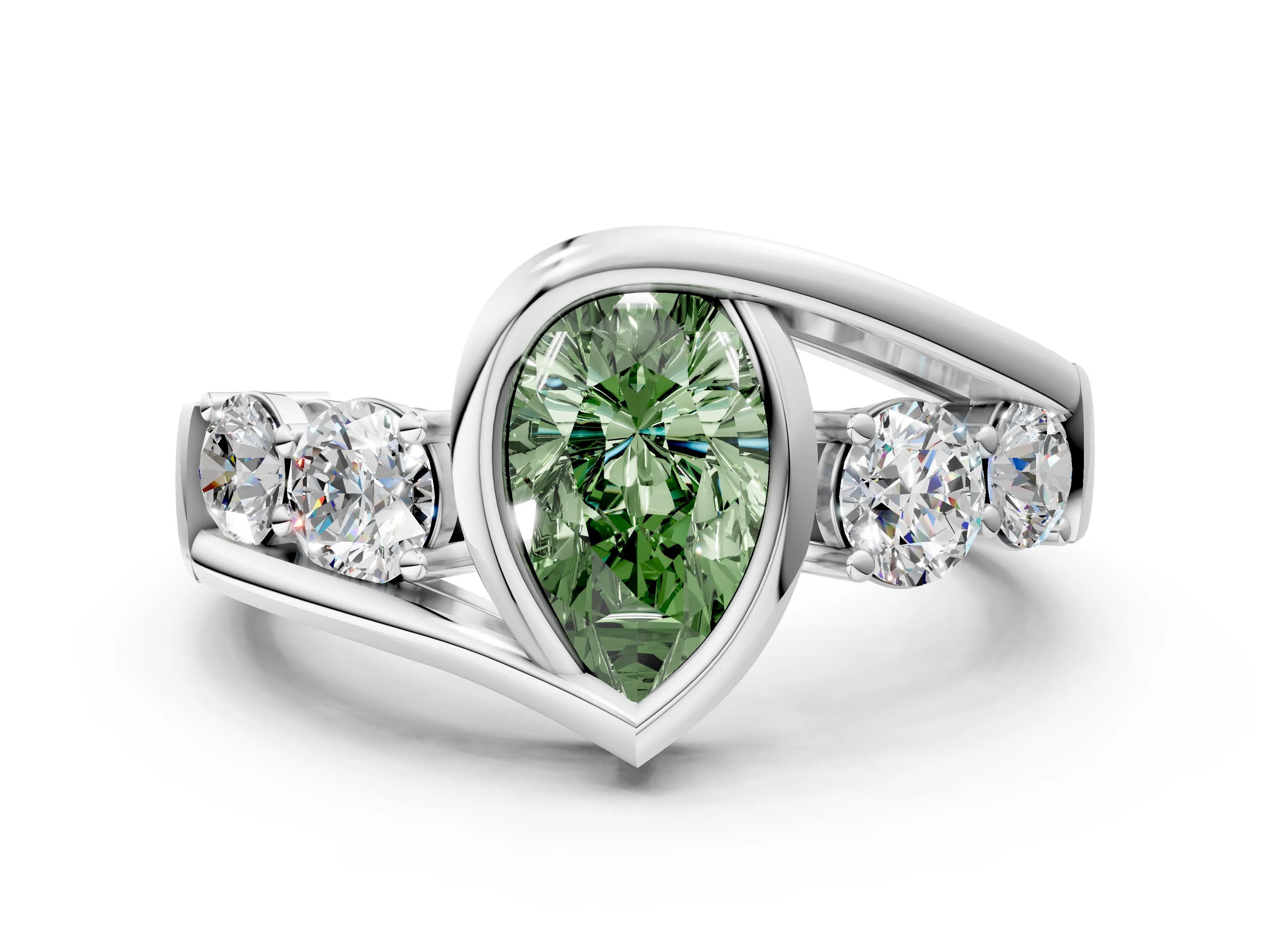 White gold Bezel Set Fancy Green Pear Cut Diamond Split Shank Ring
