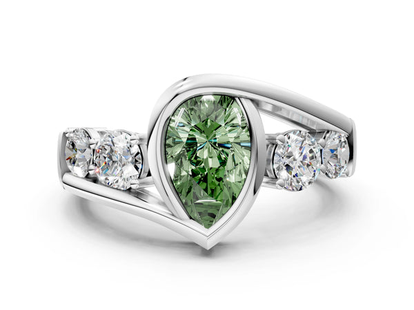 White gold Bezel Set Fancy Green Pear Cut Diamond Split Shank Ring