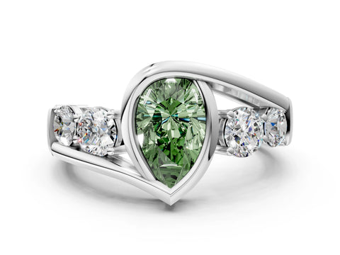 White gold Bezel Set Fancy Green Pear Cut Diamond Split Shank Ring