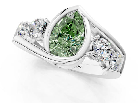 White gold Bezel Set Fancy Green Pear Cut Diamond Split Shank Ring_1