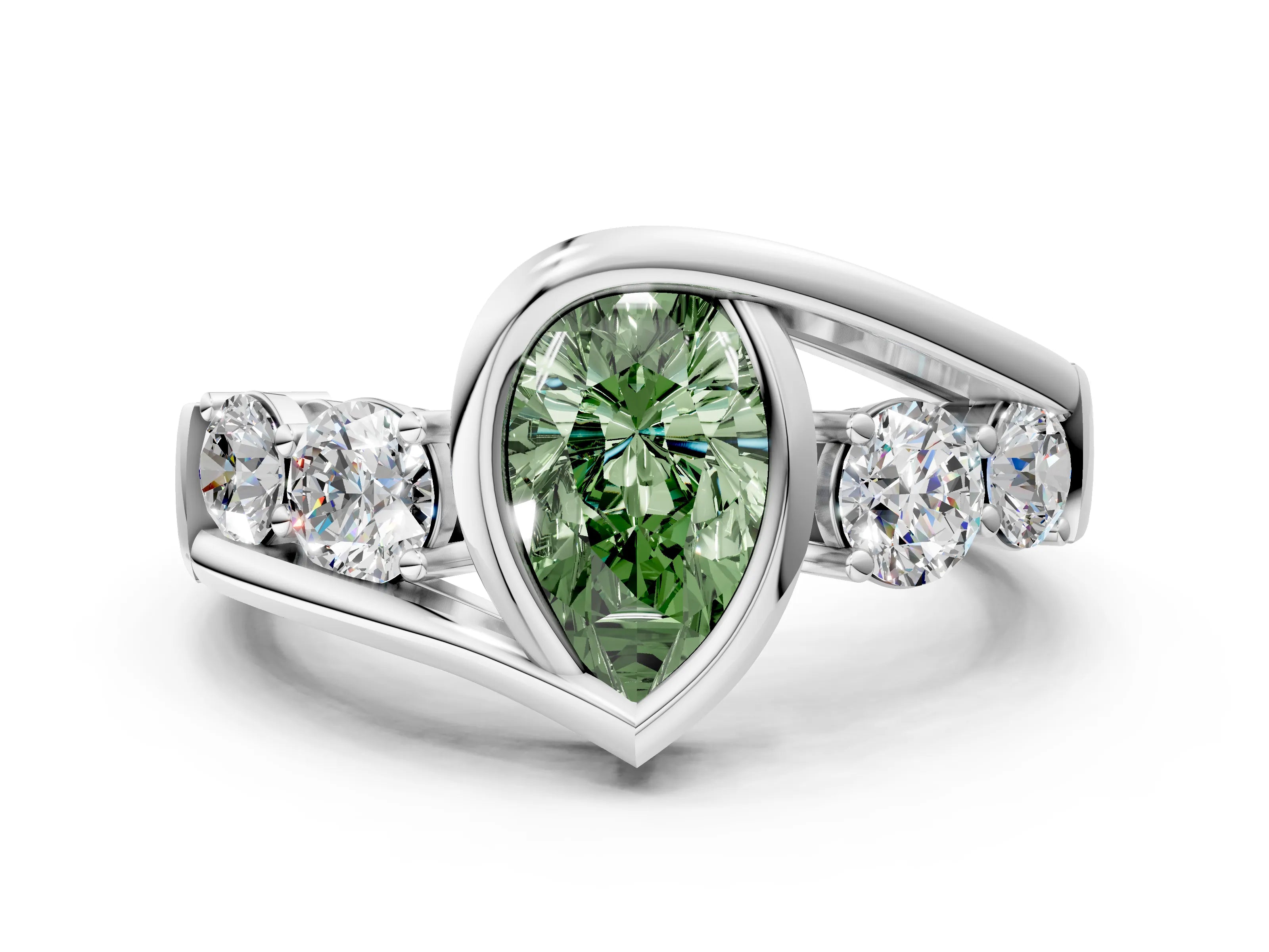 White gold Bezel Set Fancy Green Pear Cut Diamond Split Shank Ring_24
