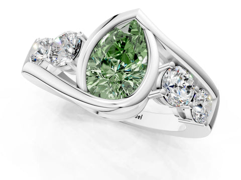 White gold Bezel Set Fancy Green Pear Cut Diamond Split Shank Ring_25