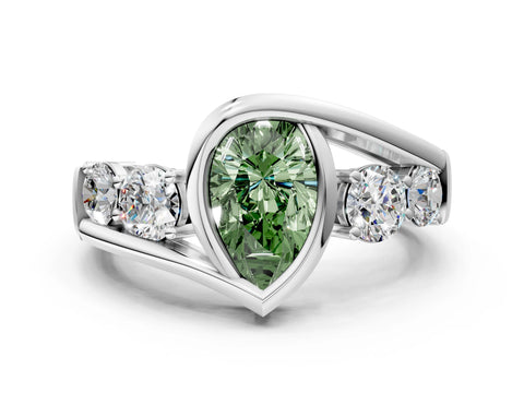 White gold Bezel Set Fancy Green Pear Cut Diamond Split Shank Ring_33