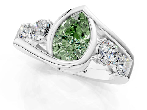 White gold Bezel Set Fancy Green Pear Cut Diamond Split Shank Ring_37