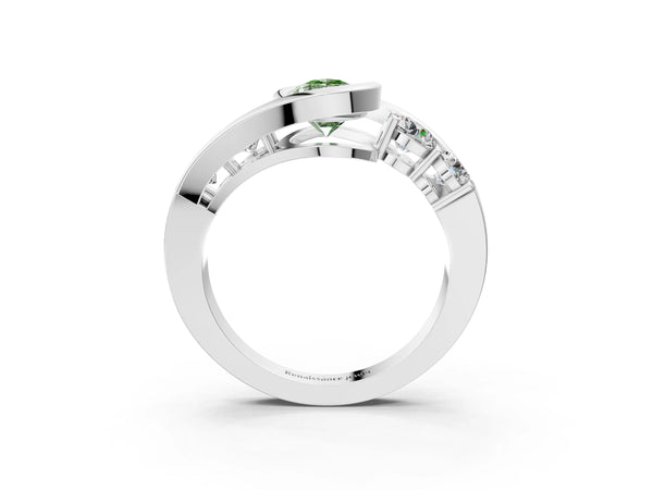 White gold Bezel Set Fancy Green Pear Cut Diamond Split Shank Ring