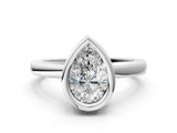White gold Bezel Set Fancy Green Pear Cut Solitaire Engagement Ring with Classic Band