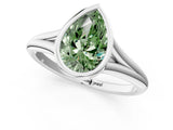 White gold Bezel Set Fancy Green Pear  Cut Solitaire Ring with Tapered Band 1