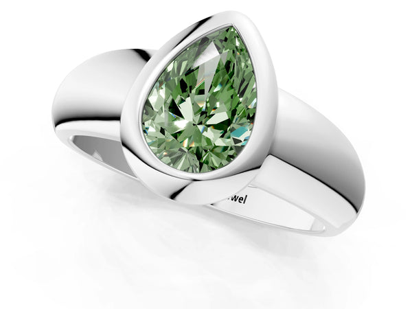 White gold Bezel Set Fancy Green Pear  Solitaire Ring with Wide Band