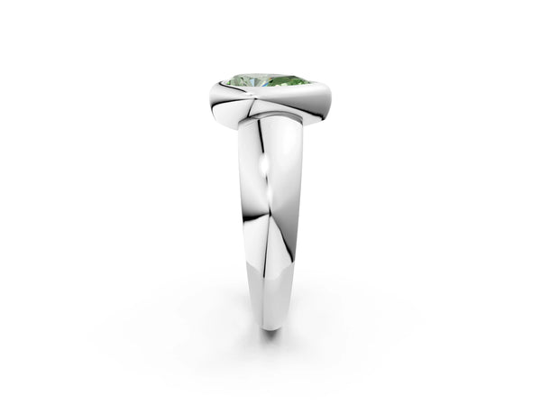 White gold Bezel Set Fancy Green Pear  Solitaire Ring with Wide Band